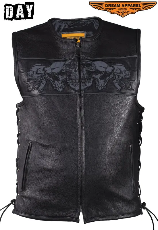 Mens Leather Vest With Reflective Skulls & Gun Pockets