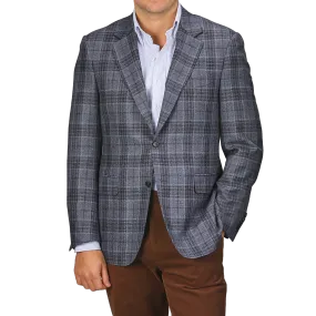 Mid Blue Checked Wool Silk Drop 6 Blazer
