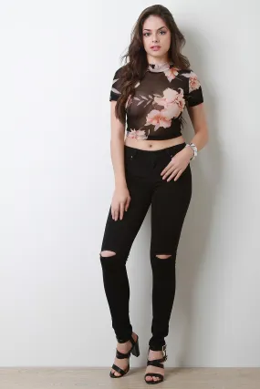 Mid Rise Slit Knees Skinny Jeans