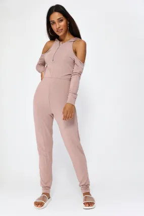 Nude Cold Shoulder Hoodie Jumpsuit