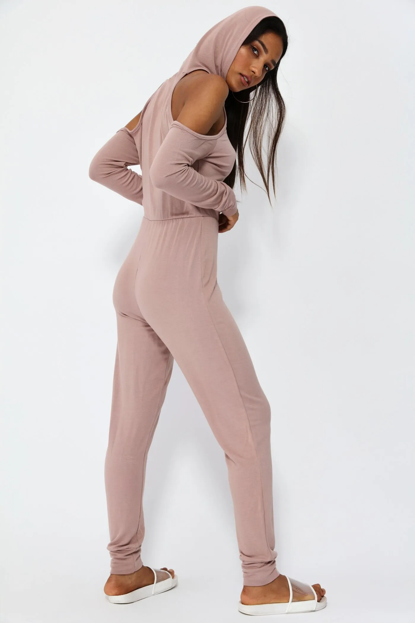 Nude Cold Shoulder Hoodie Jumpsuit