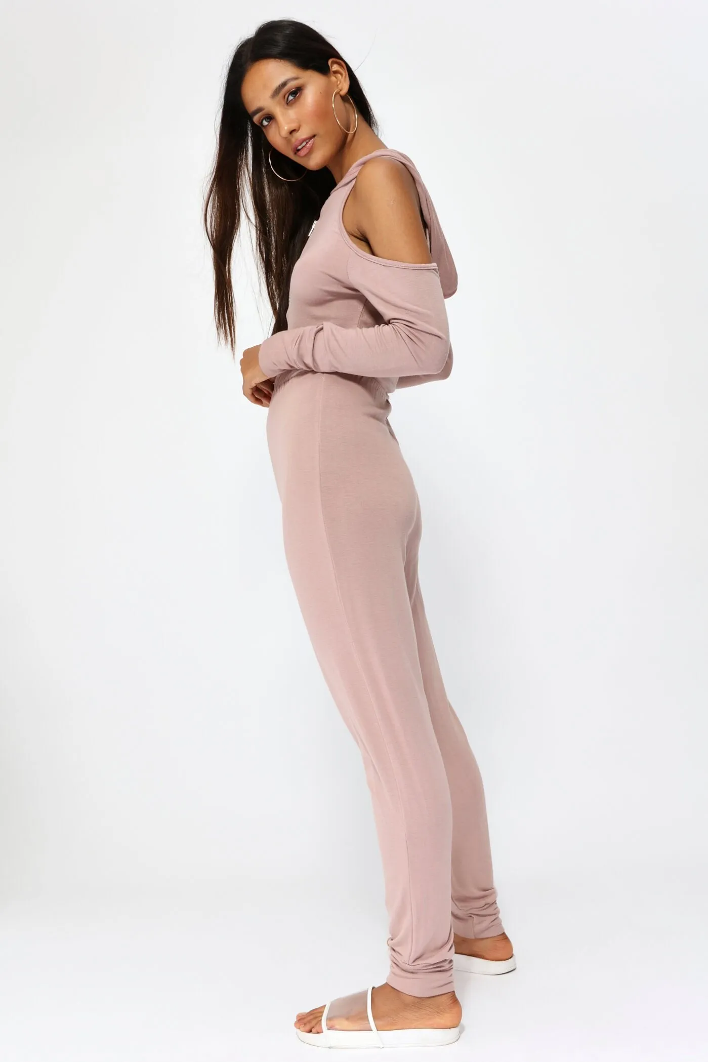 Nude Cold Shoulder Hoodie Jumpsuit