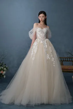 Off the Shoulder Lace Long Champagne Prom Dress, Lace Evening Formal Gown
