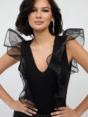 Organza-Sleeve V-Neck Knit Bodysuit