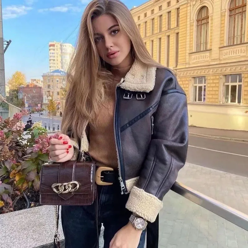 Oversized Fleeced Buckle Trim Faux Leather Cropped Coat - Brown