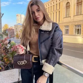 Oversized Fleeced Buckle Trim Faux Leather Cropped Coat - Brown