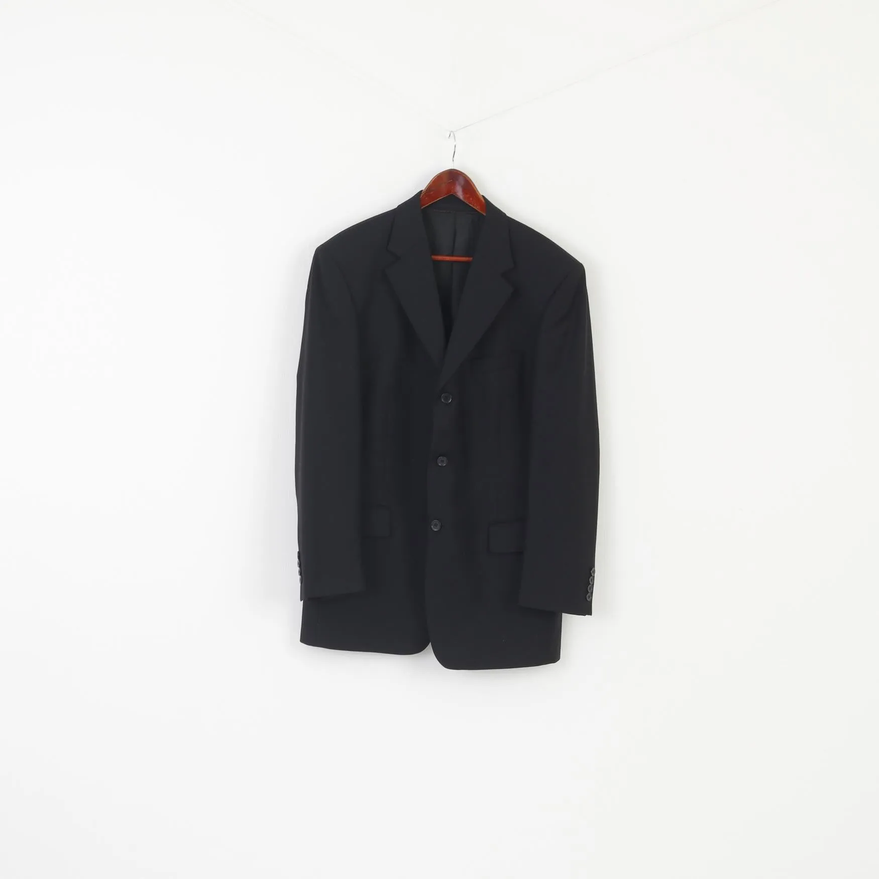Pierre Cardin Men 40 Blazer Black Wool Shoulder Pads Single Breasted Jacket