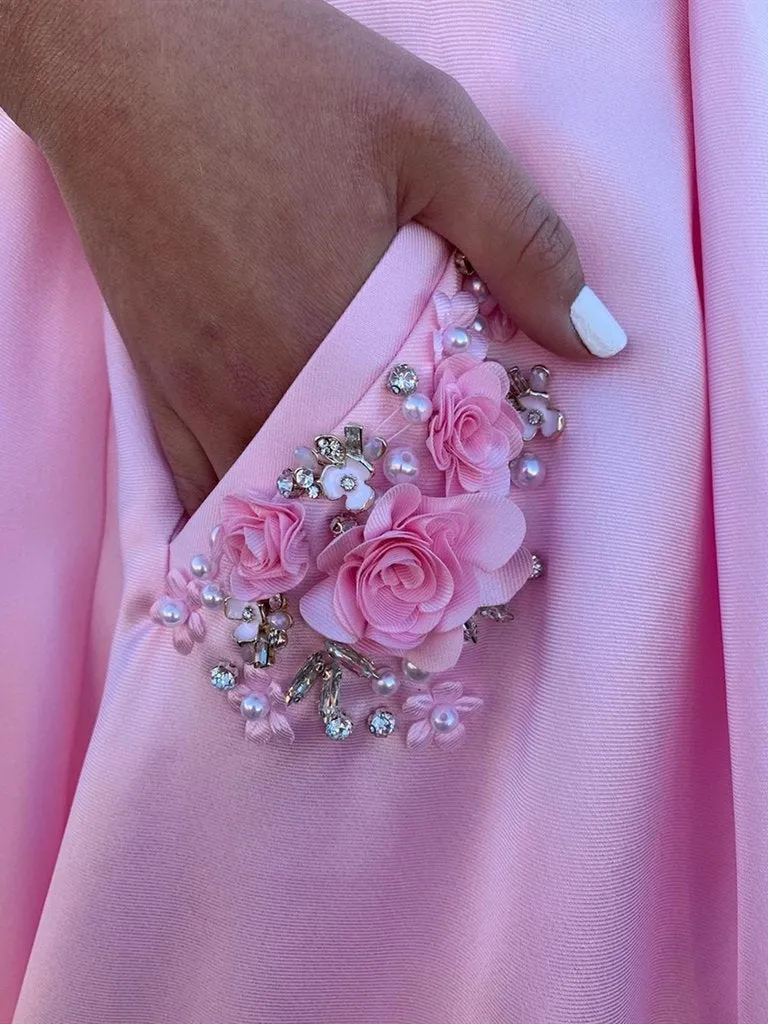 Pink A Line Satin Floral Long Prom with Pockets, Floral Pink Formal Graduation Evening