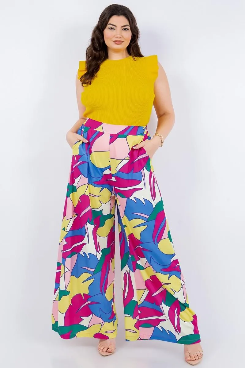 PLUS tropical leaf print high waist wide leg pants