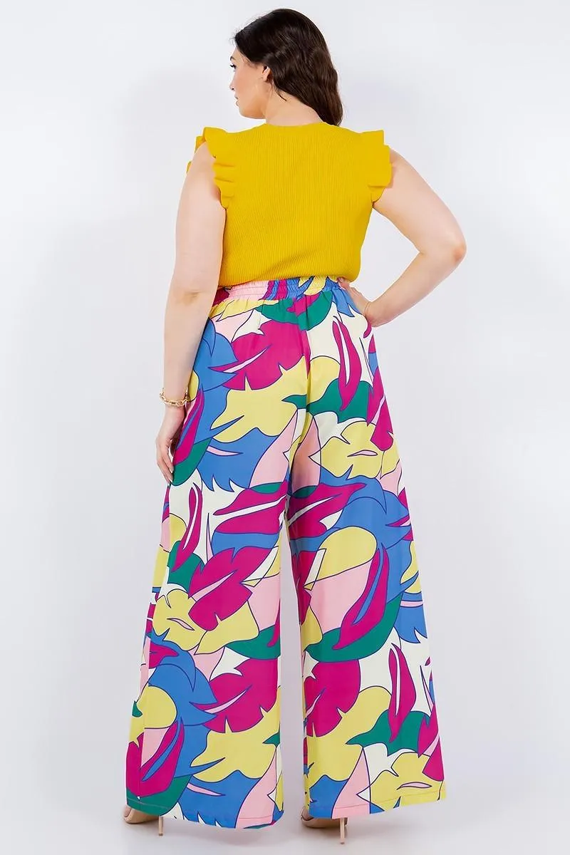 PLUS tropical leaf print high waist wide leg pants