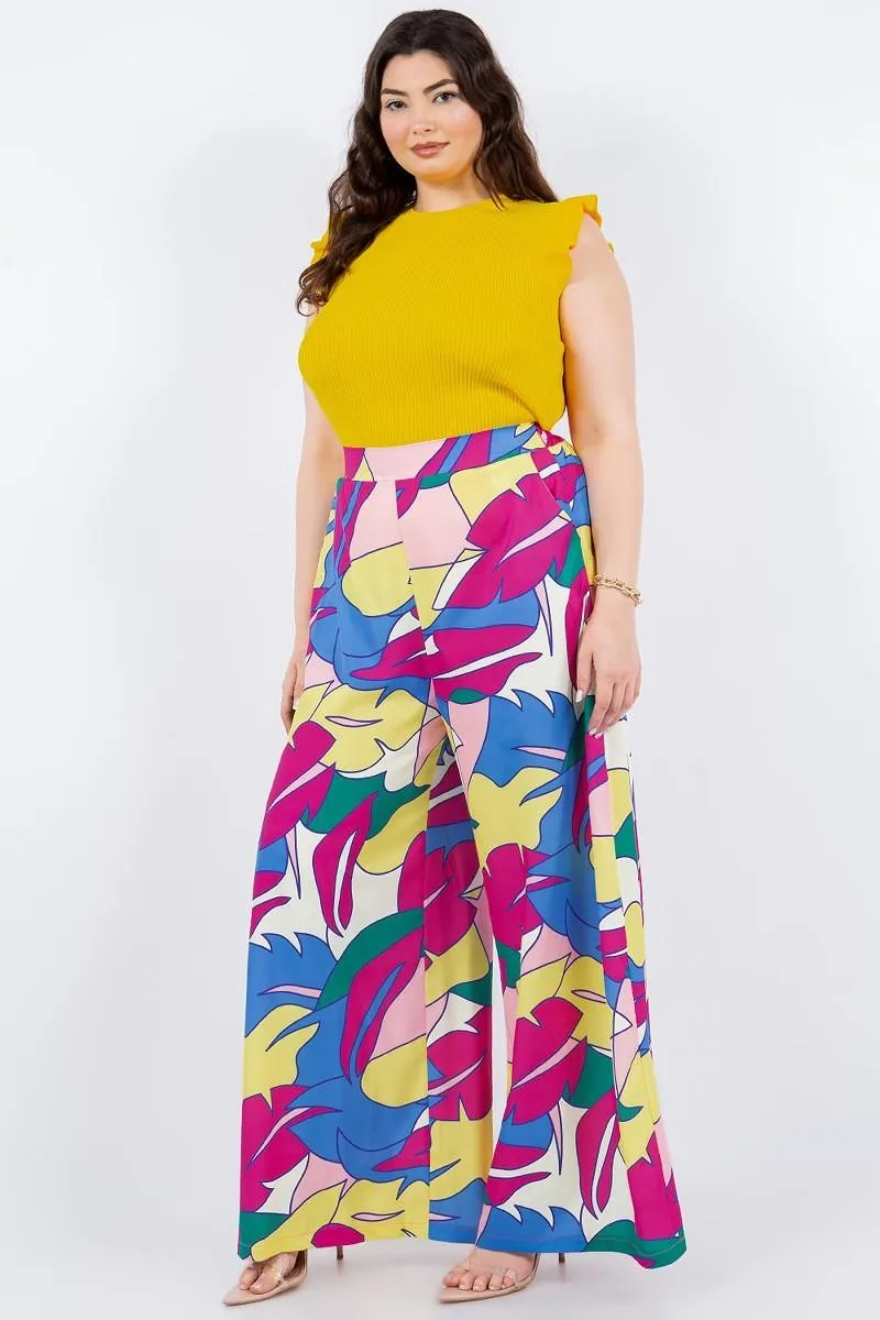 PLUS tropical leaf print high waist wide leg pants