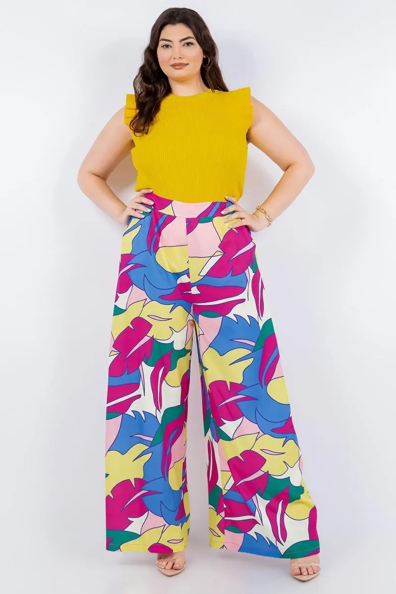 PLUS tropical leaf print high waist wide leg pants