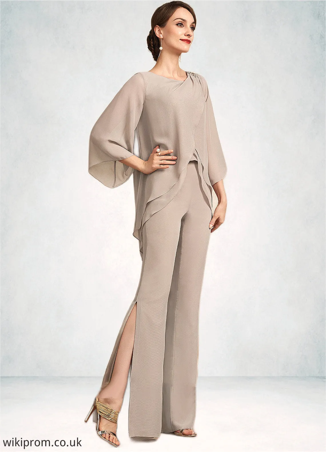 Poll Jumpsuit/Pantsuit Scoop Neck Floor-Length Chiffon Mother of the Bride Dress SWK126P0014864