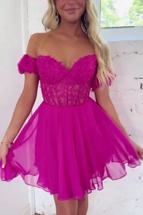 Princess Off the Shoulder Fuchsia Lace Prom Dress, Off Shoulder Fuchsia Homecoming Dress, Fuchsia Lace Formal Graduation Evening Dress A1911