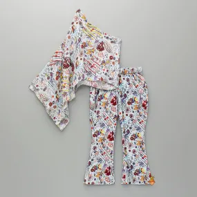 Printed One Shoulder Top And Embroidered Cape With Matching Pant