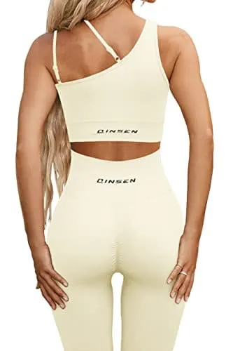 QINSEN Two Piece Outfits for Women Seamless Workout Bra Long Pants Running Sport Activewear Beige S