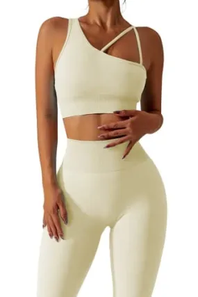 QINSEN Two Piece Outfits for Women Seamless Workout Bra Long Pants Running Sport Activewear Beige S