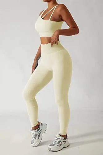 QINSEN Two Piece Outfits for Women Seamless Workout Bra Long Pants Running Sport Activewear Beige S