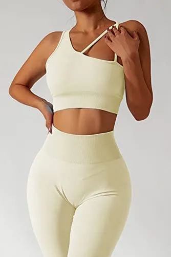 QINSEN Two Piece Outfits for Women Seamless Workout Bra Long Pants Running Sport Activewear Beige S