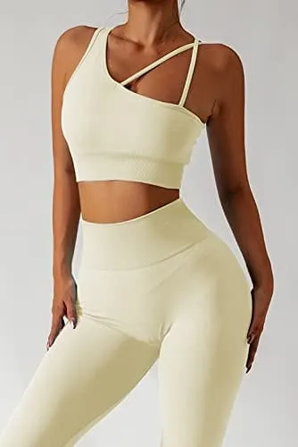 QINSEN Two Piece Outfits for Women Seamless Workout Bra Long Pants Running Sport Activewear Beige S