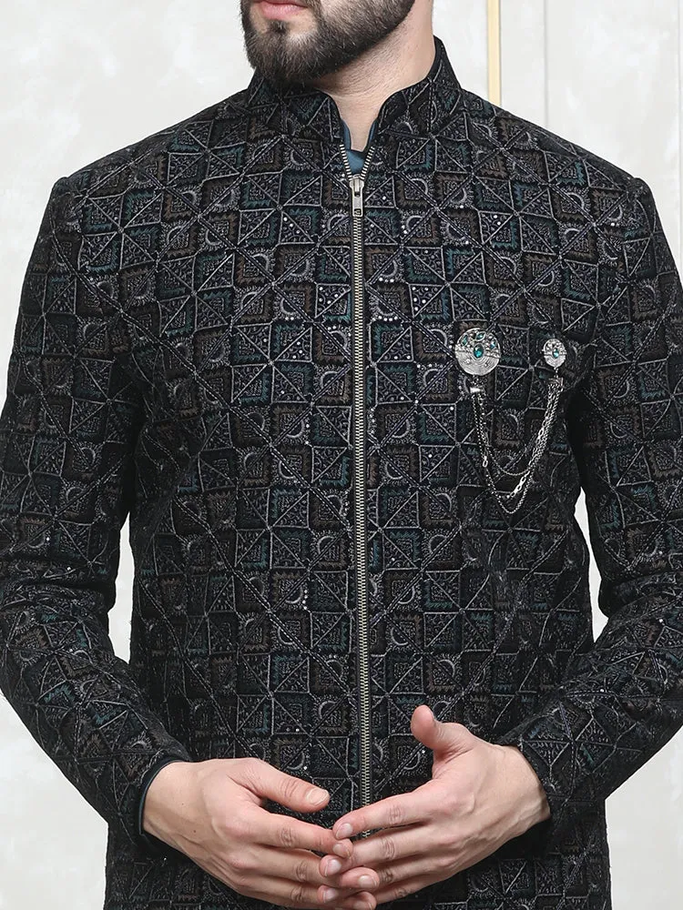Ram Green Velvet Embroidered Bomber Jacket with Kurta Set