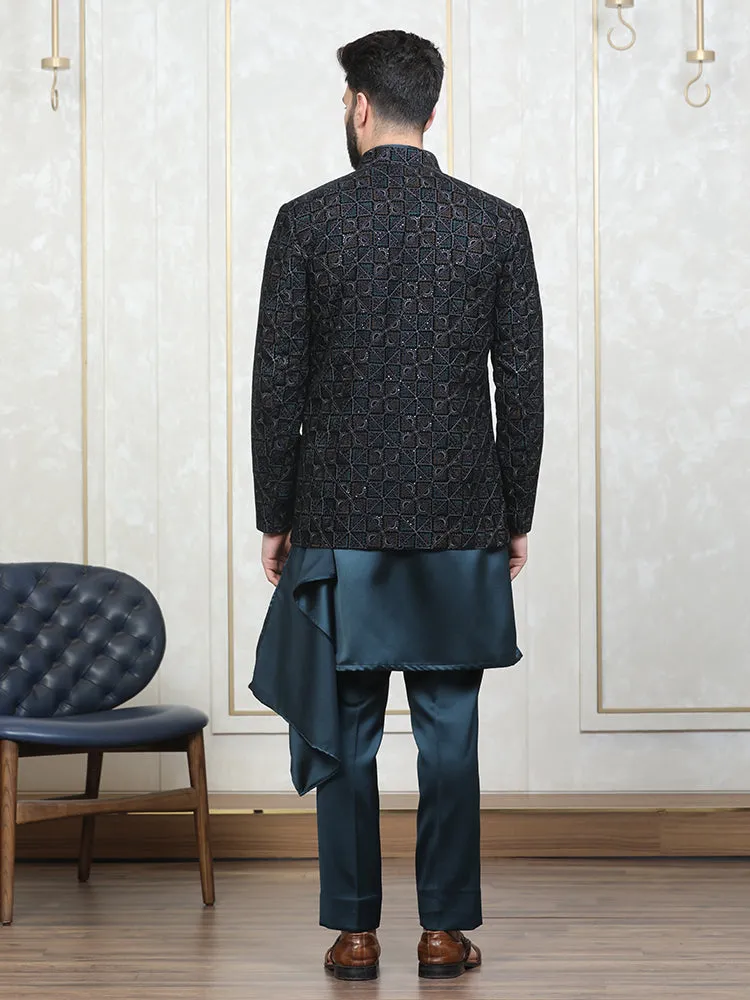 Ram Green Velvet Embroidered Bomber Jacket with Kurta Set