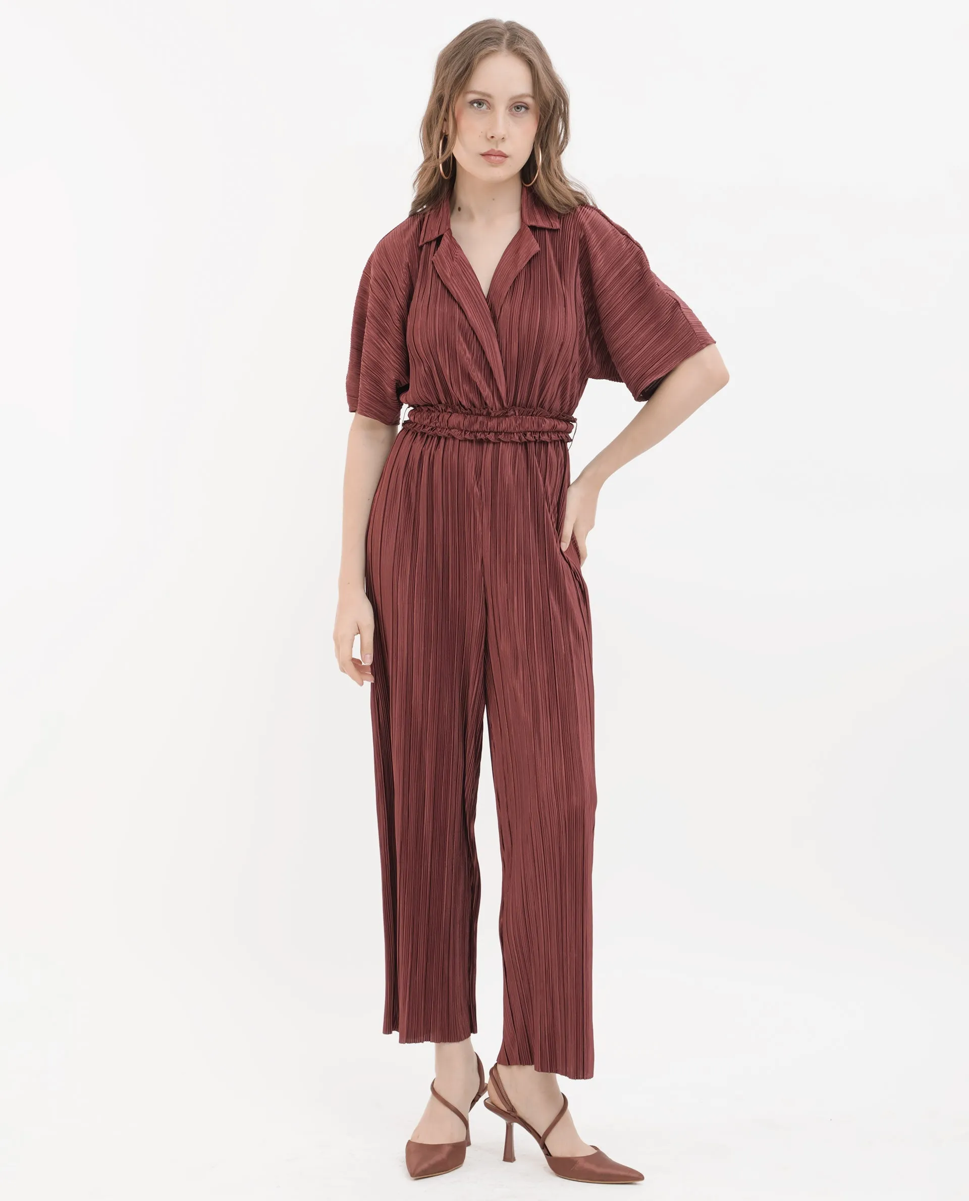 Rareism Womens Rio Brown Jump Suit Polyester Short Sleeve Dyed