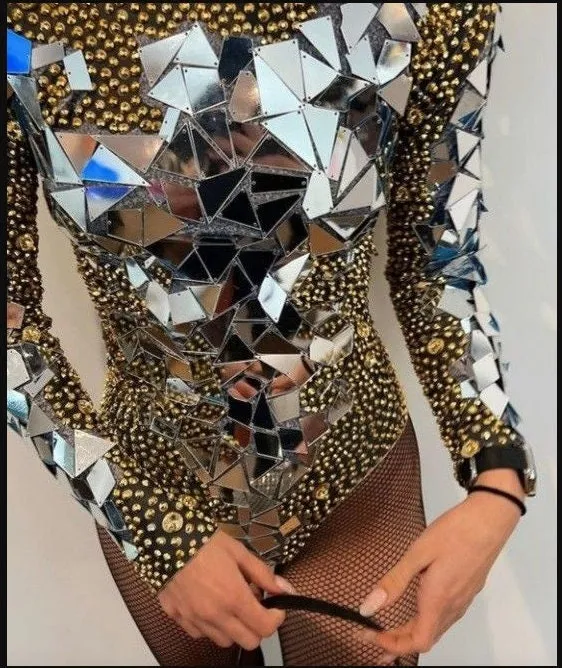 Rhinestone Bodysuit Jumpsuit Mirror Sequin Futuristic Crystal Disco Costume Party Festival outfit Rave