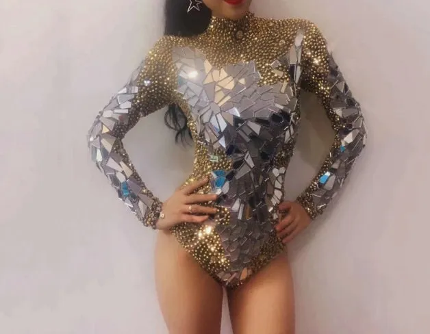 Rhinestone Bodysuit Jumpsuit Mirror Sequin Futuristic Crystal Disco Costume Party Festival outfit Rave