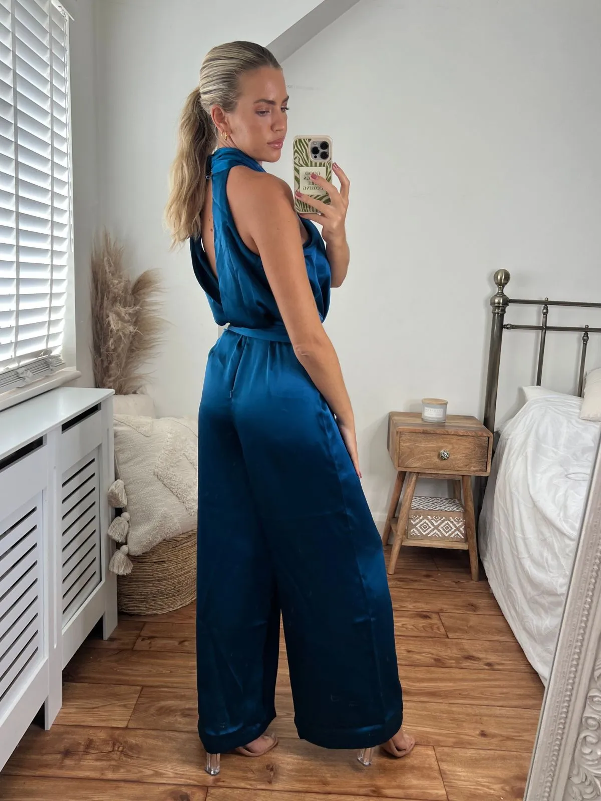 Romy Satin Halter Jumpsuit / Peacock Blue