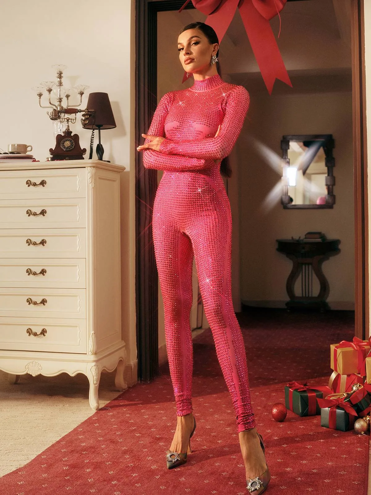 Rosalyn Long Sleeve Rhinestone Jumpsuit In Hot Pink