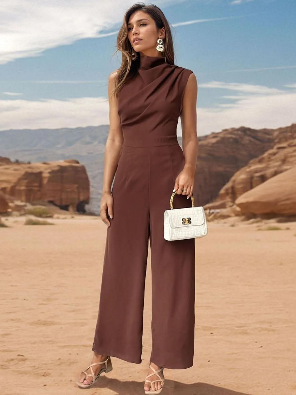 Ruched Mock Neck Sleeveless Jumpsuit- By Lustmia