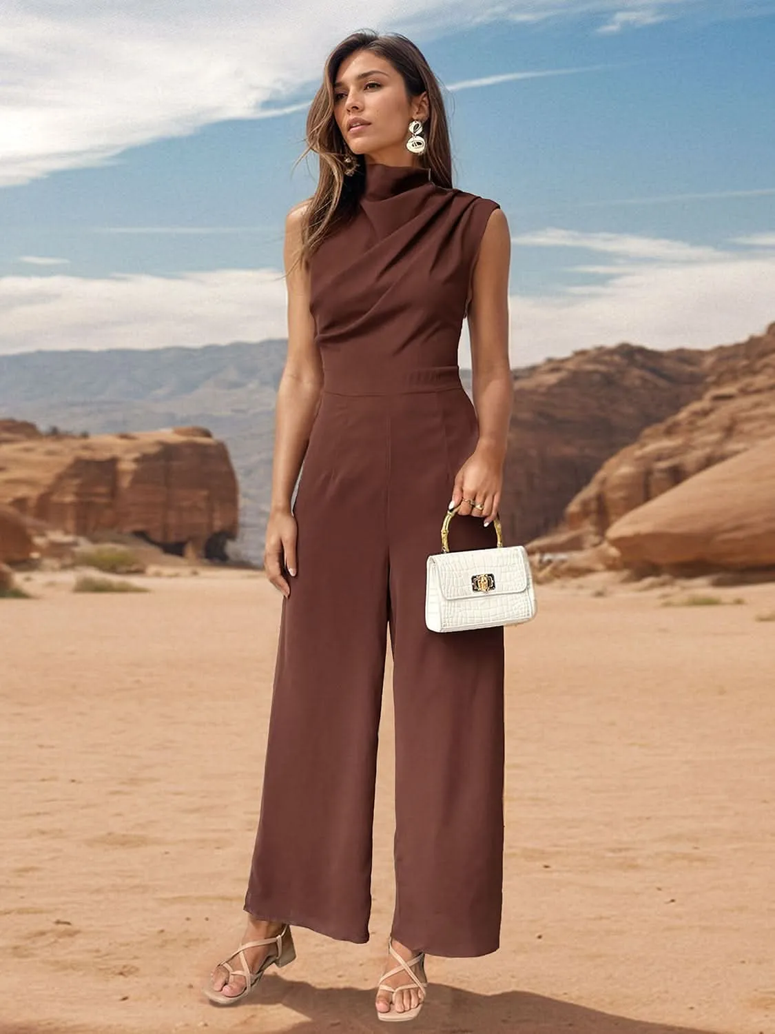 Ruched Mock Neck Sleeveless Jumpsuit- By Lustmia
