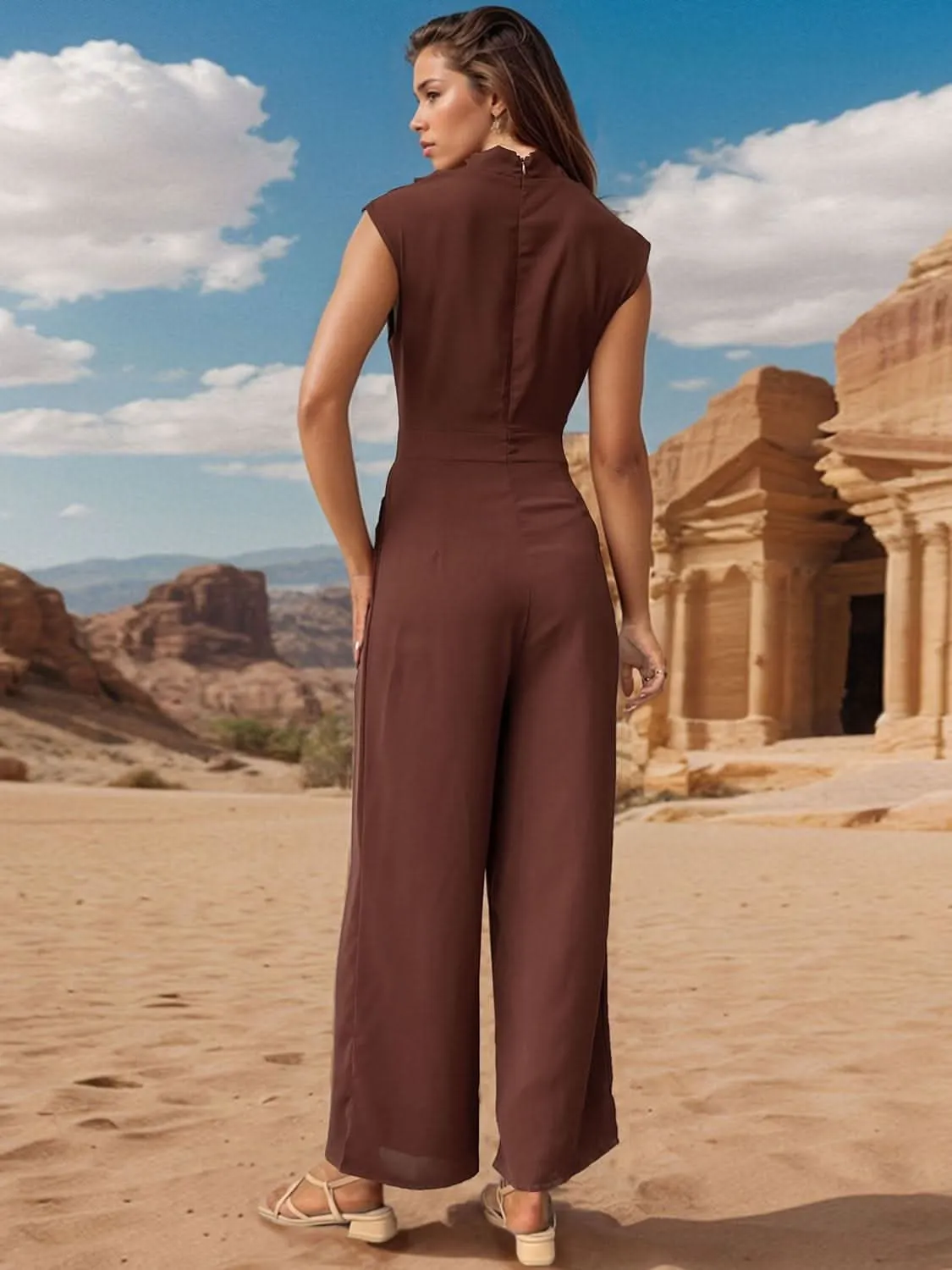 Ruched Mock Neck Sleeveless Jumpsuit- By Lustmia