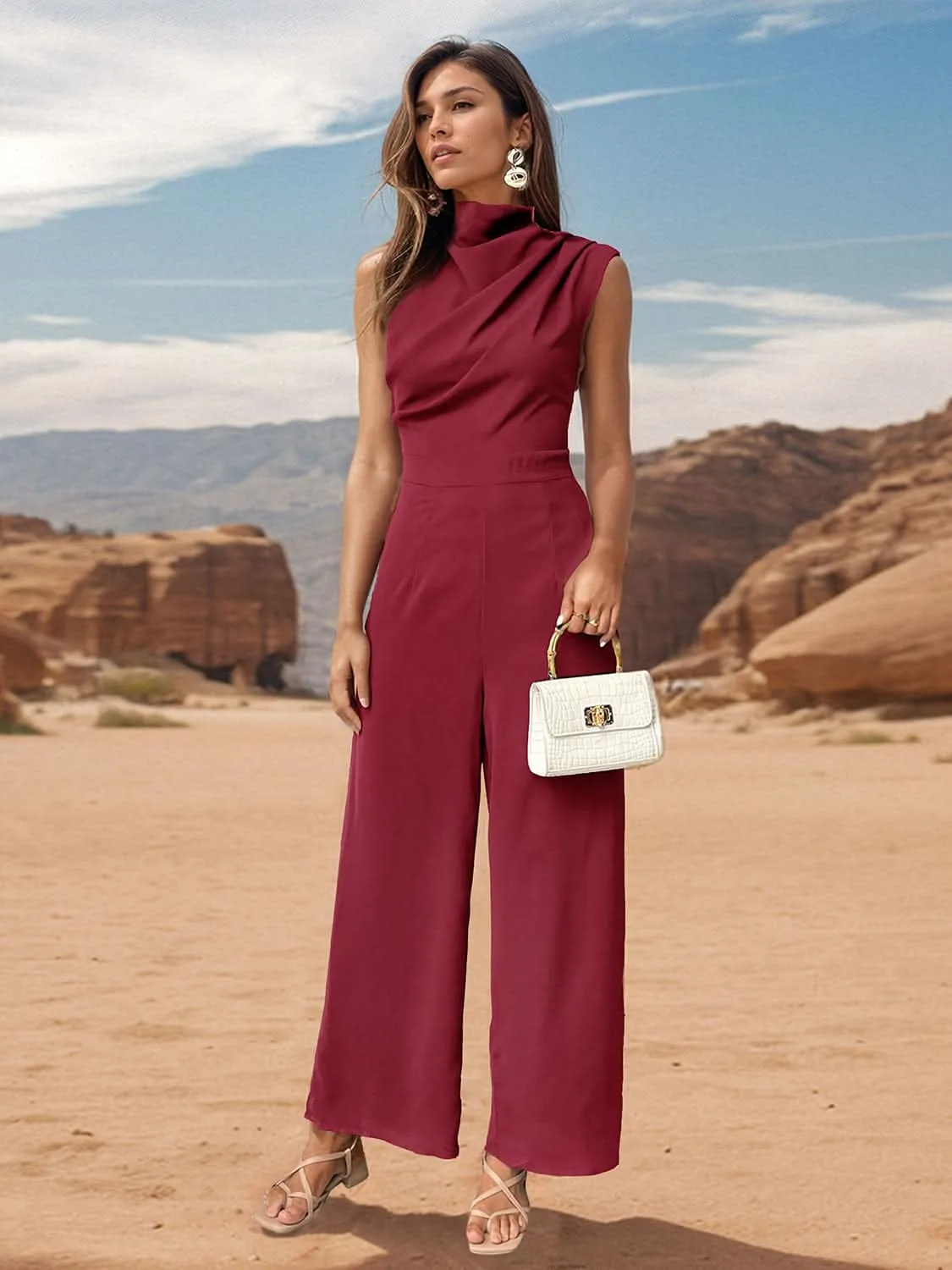 Ruched Mock Neck Sleeveless Jumpsuit- By Lustmia
