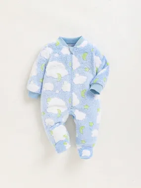 SHEIN Newborn Baby Girl Star Pattern Collarless Thermal Lined Medium-Thick Long-Sleeved Foot-Covered Jumpsuit