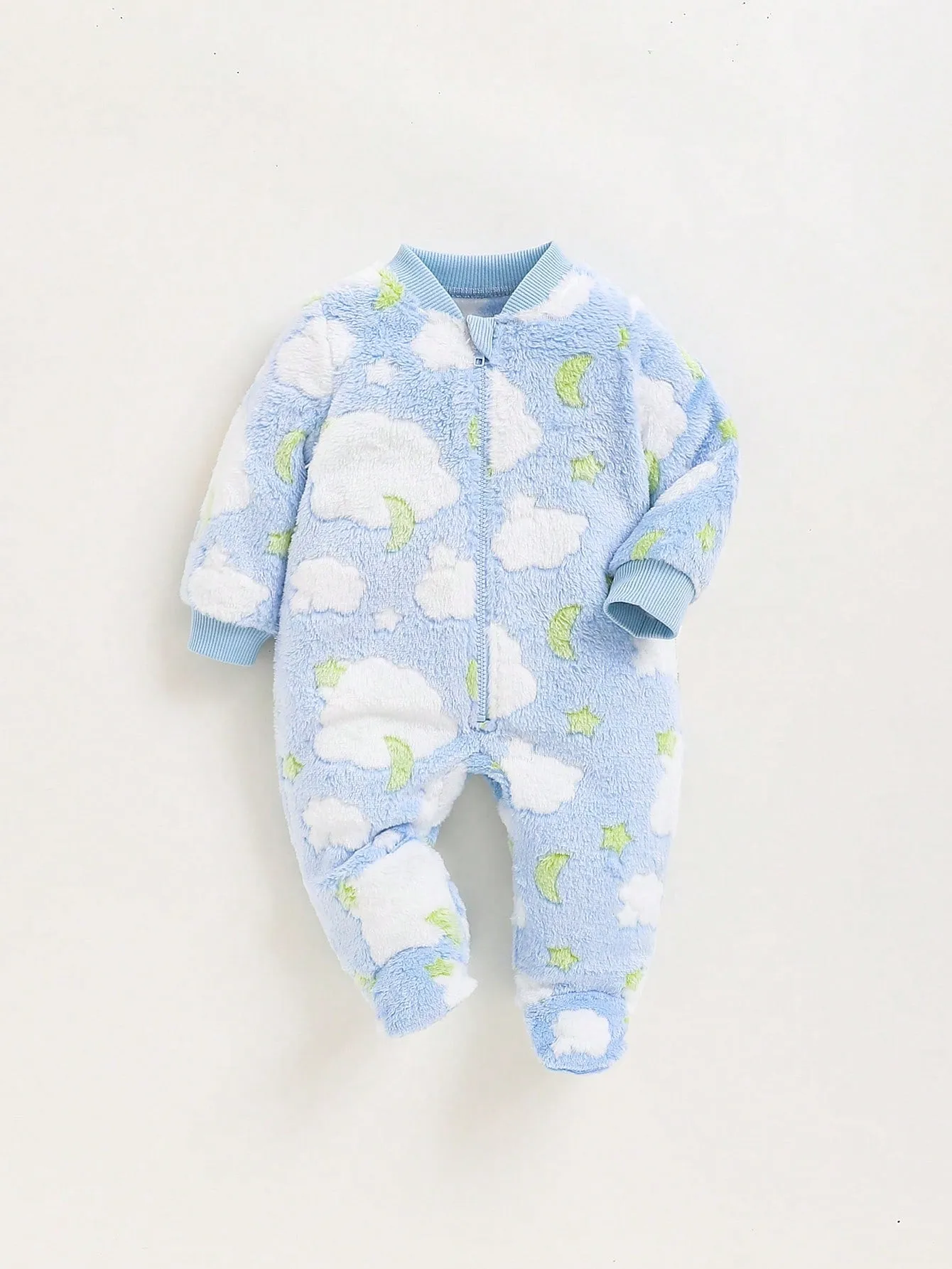 SHEIN Newborn Baby Girl Star Pattern Collarless Thermal Lined Medium-Thick Long-Sleeved Foot-Covered Jumpsuit