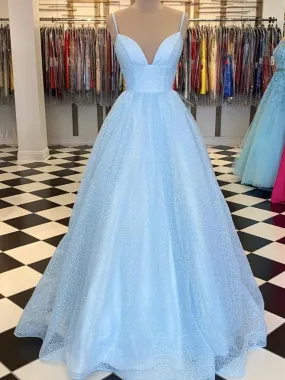Shiny Sequins V Neck Long Blue Prom with Straps, V Neck Blue Formal Graduation Evening