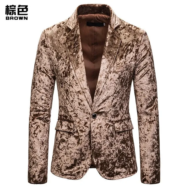 Single Breasted Men Blazer Velvet