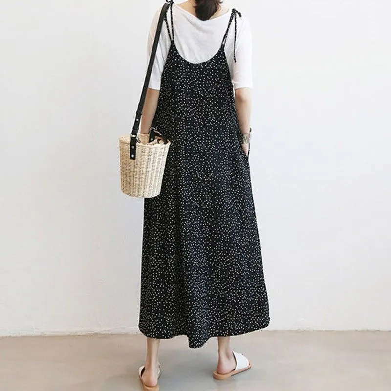 Slant Pockets Tie Shoulder Polka Dot Jumpsuit