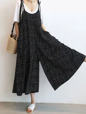 Slant Pockets Tie Shoulder Polka Dot Jumpsuit