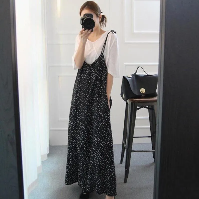 Slant Pockets Tie Shoulder Polka Dot Jumpsuit