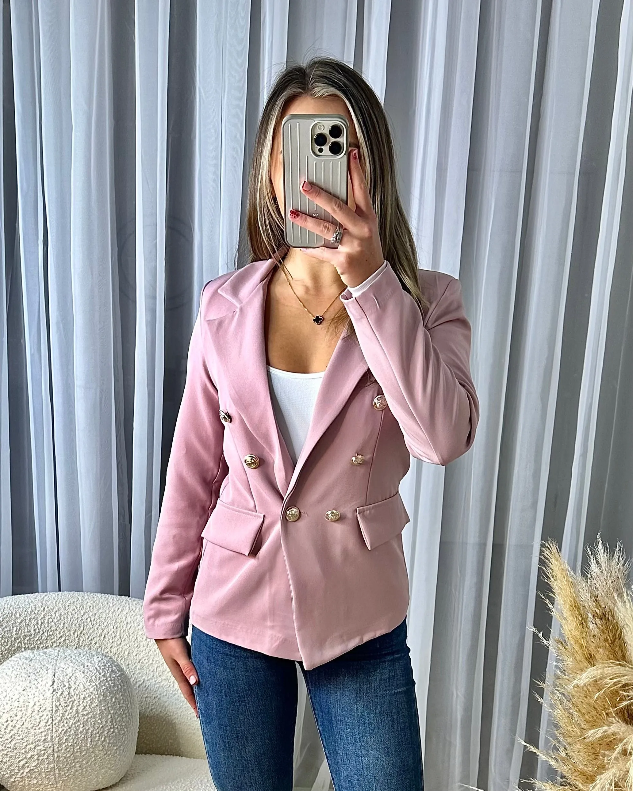Thea Fitted Gold Button Blazer - Dusky Pink