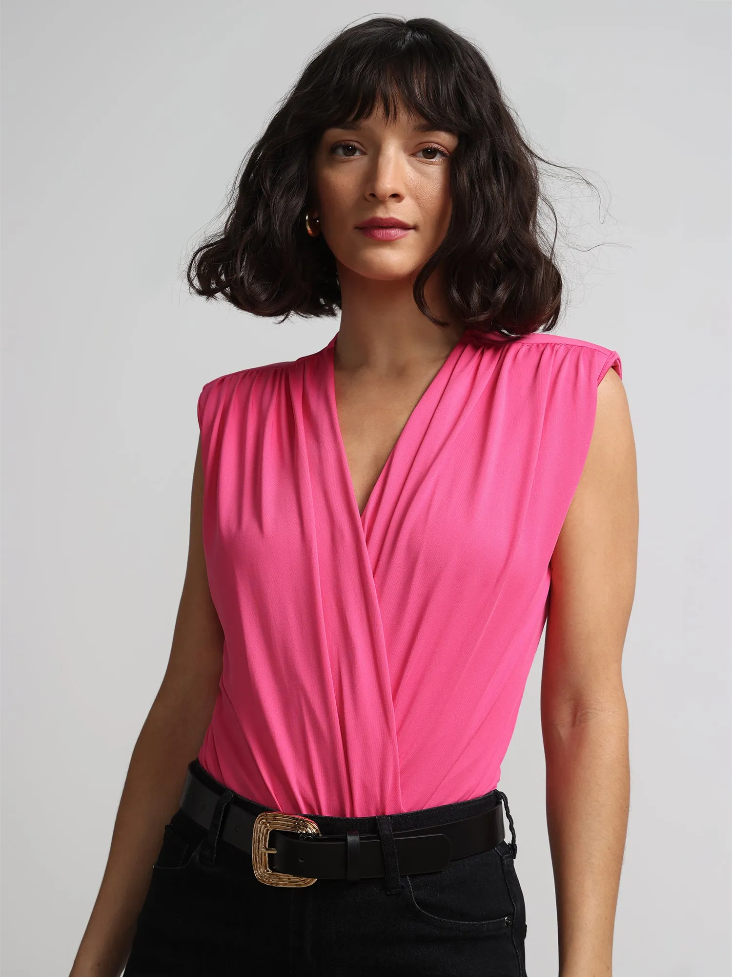 V-Neck Padded-Shoulder Knit Bodysuit