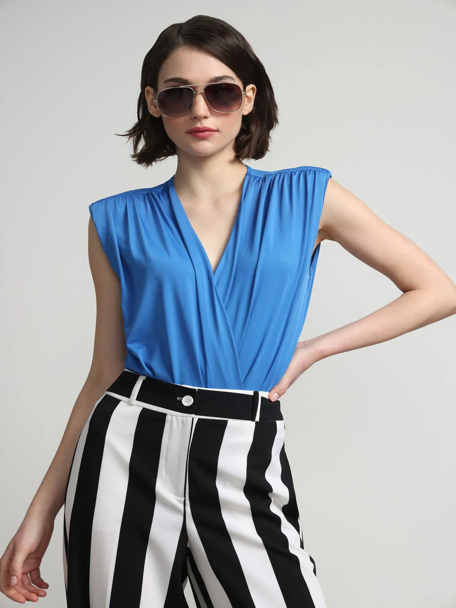 V-Neck Padded-Shoulder Knit Bodysuit