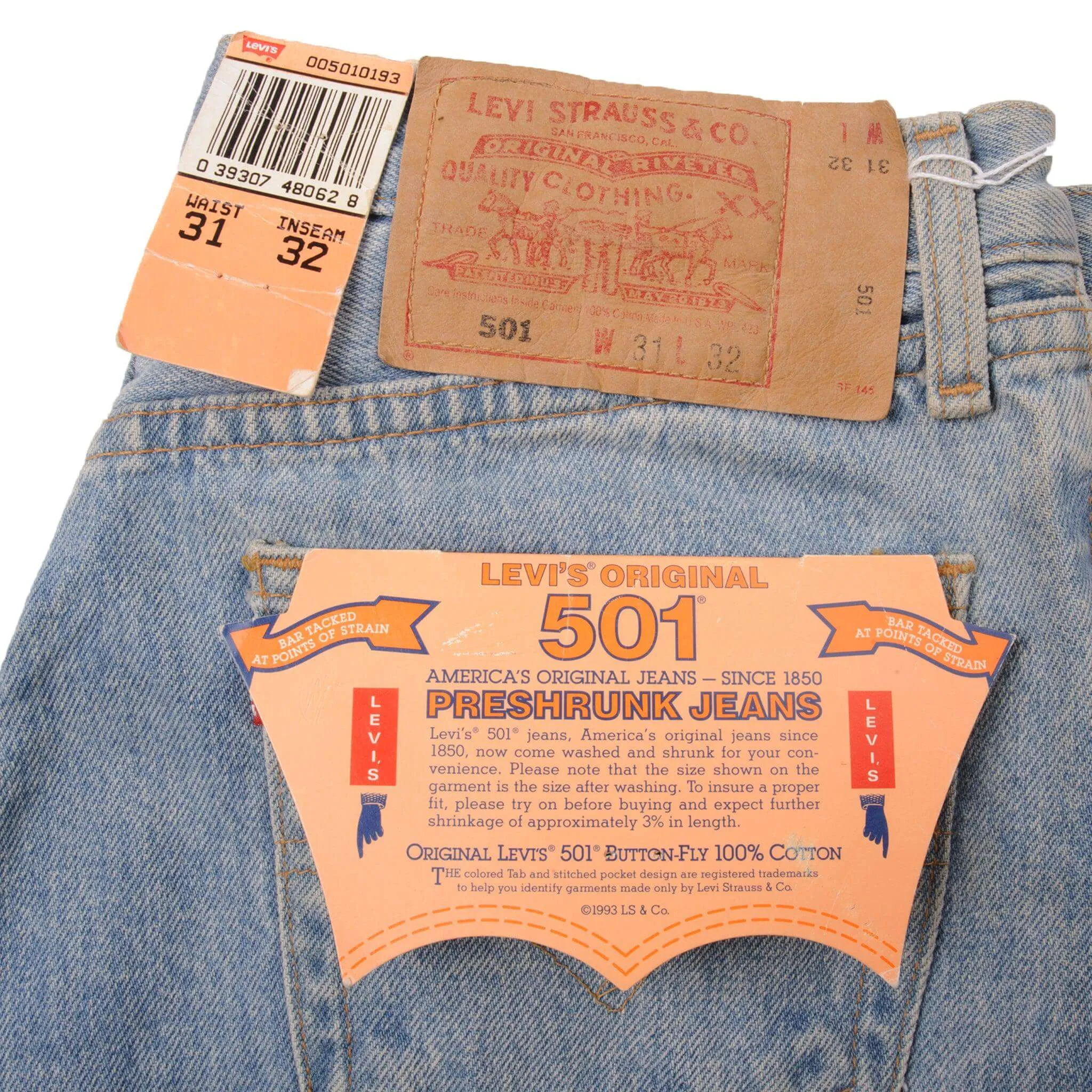 VINTAGE LEVIS 501 PRESHRUNK JEANS 1993 SIZE 31X32 W31 L32 MADE IN USA DEADSTOCK