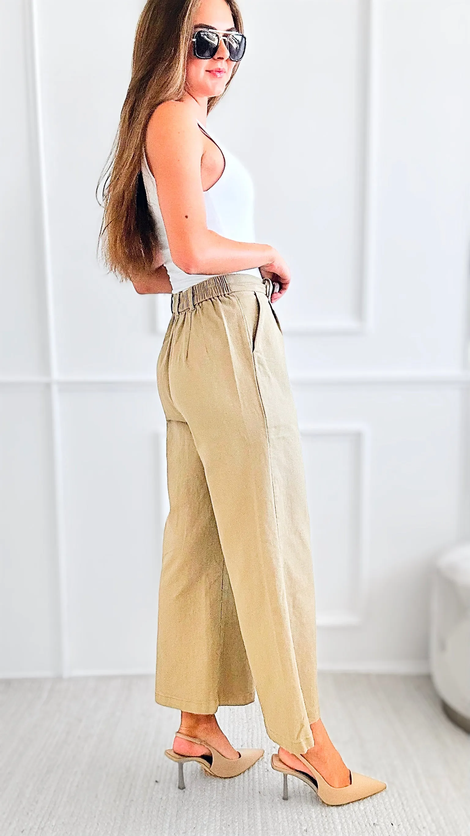 Waist Pleats Mid-Rise Pants-Beige
