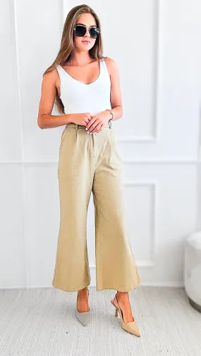 Waist Pleats Mid-Rise Pants-Beige