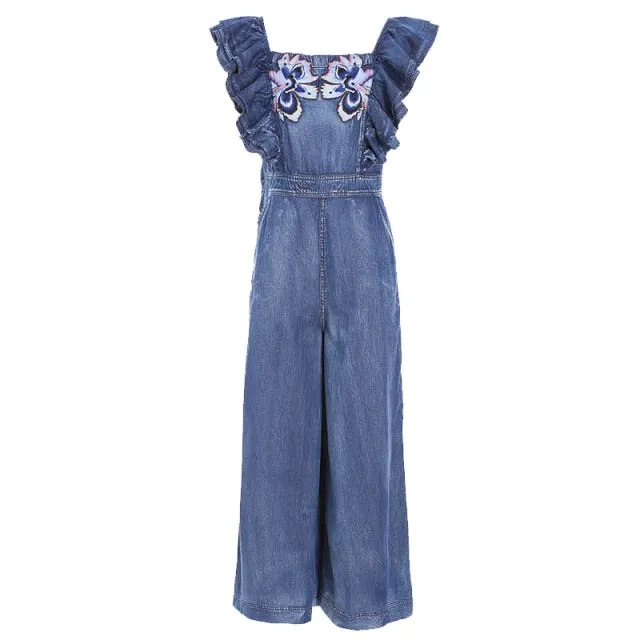 Women  Sleeveless Wide Leg Denim Embroidery Jumpsuit