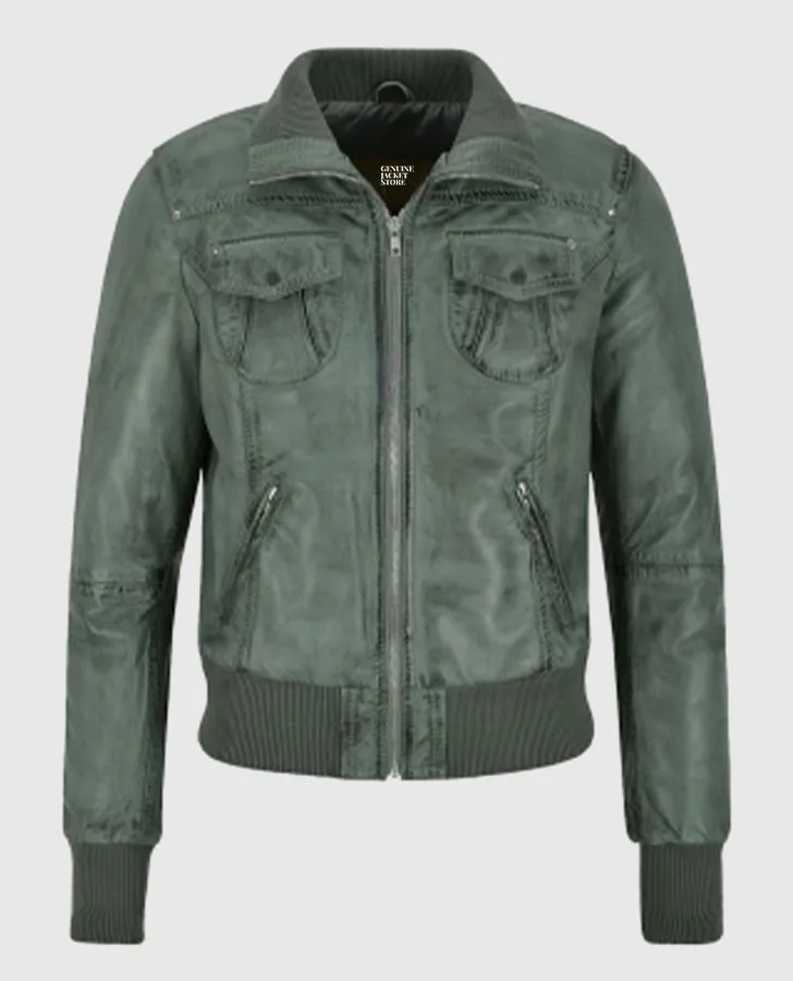 Women's Aviator Grey Bomber Leather Jacket